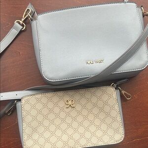 Nine West Light Bluish Gray Crossbody with Beige Patterned Wristlet
